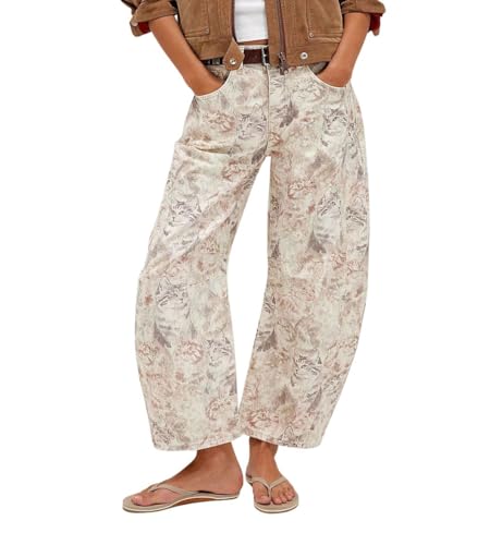 chouyatou Women's Y2k Baggy Wide Leg Denim Pants Boho Floral Printed Boyfriend Barrel Jeans with Pockets