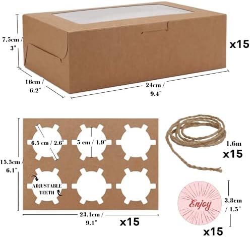 ELISE Cupcake Boxes with Removable 6-Hole Inserts [15 Pack] Premium Brown Kraft Boxes with Window | with Pre-Cut Hemp Rope & Stickers | Multipurpose Gift Boxes | Ideal for Cupcakes, Muffins, Pastries