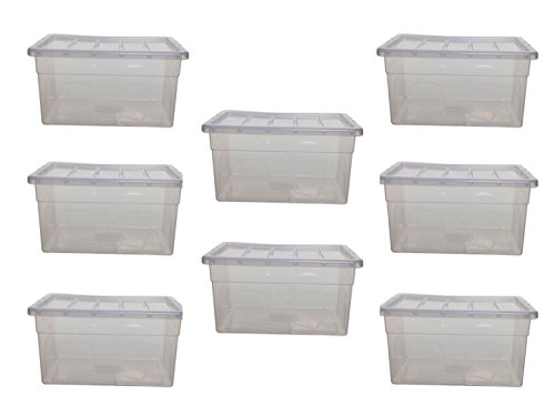 Whitefurze Clear Plastic Storage Boxes Box Containers 35 Ltr Litre Set Pack Lid Transparent (8 Box With Lid)