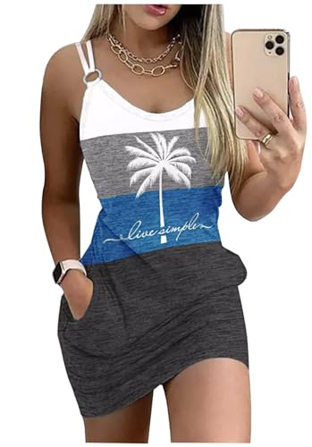 Image of Live Simple Coconut Tree Color Block Pocket Mini Dress Women Summer Beach Sleeveless Strap Tshirt