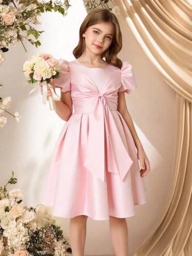 Satin Flower Girl Dress for Wedding Puff Sleeve Bow Knot A-Line Short V-Back Princess Pageant Ball Gowns4