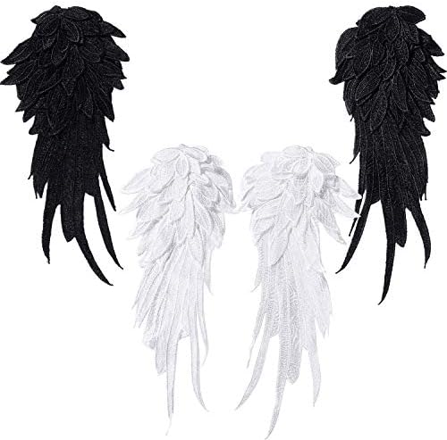 Onwon 2 Pairs 3D Angel Wings Embroidered Neckline Lace Trim Applique Sewing On Patches White and Black Large