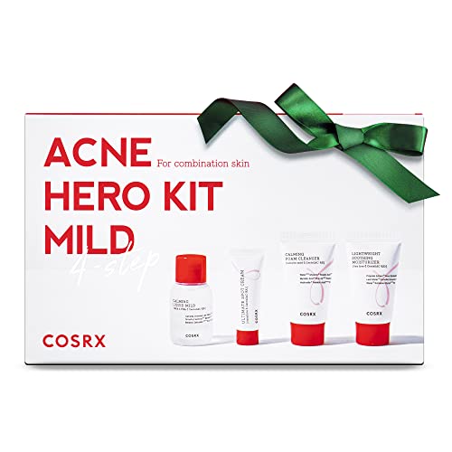 COSRX 4 Step Mild Acne Treament for Acne Prone Skin | TSA Approved Travel Size, Gift Set, Trial | Cleanser, Mild Toner, Spot Cream, Moisturizer