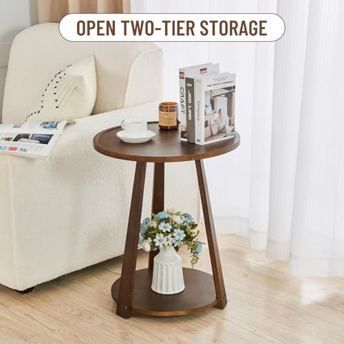 Image of Uniclinens Round End Table, Solid Wood Round Side Coffee Table, Small Bedside Nightstand for Living Room Bedroom, Walnut