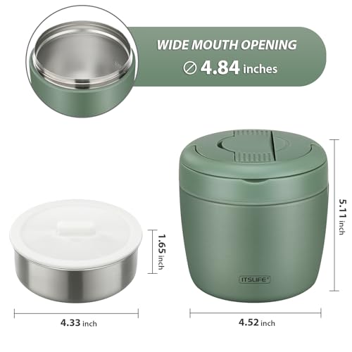 Image of Itslife 32oz Insulated Soup Thermo, Vacuum Stainless Steel Food Jar for Hot & Cold Food, Leakproof Wide Mouth Lunch Container with Spoon, Green