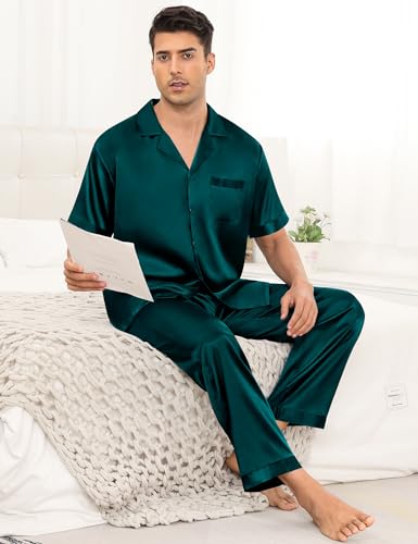Image of SWOMOG Mens Satin Pajama Set Short Sleeve Classic Sleepwear Button Down Silky Loungewear with Long Pants Solid Deep Green X-Large
