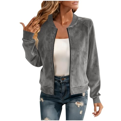 Faux Suede Jacket Womens Long Sleeve Zip Up Bomber Jackets Lapel Collar Motorcycle Short Jacket Casual Smart Cropped Pilot Coat Lightweight Zipper Flight Jackets Streetwear Outerwear