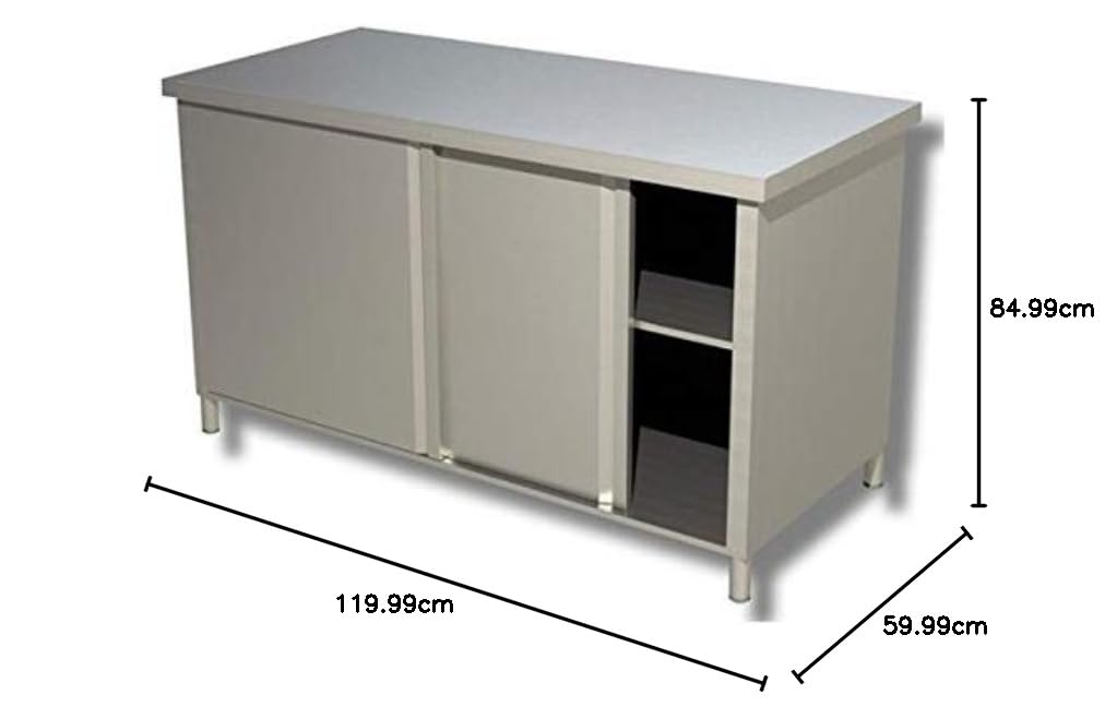 Tavolo acciaio Inox armadiato con ante scorrevoli- Prof. 60 cm - 120x60x85H, SENZA ruote