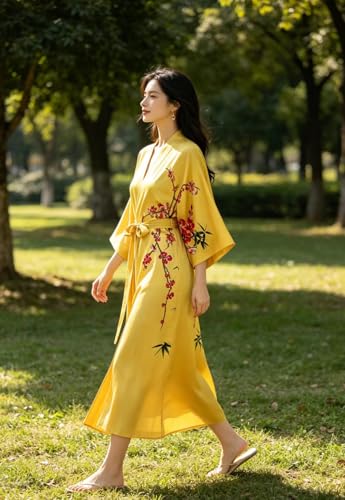 Image of Women's Classic 100% Silk Kimono Robe, Bathrobe-Printed Pattern