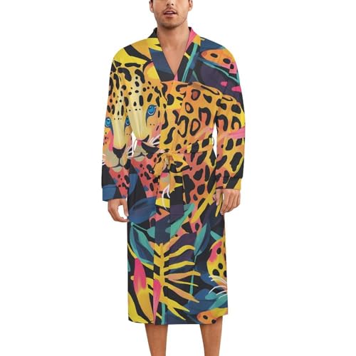 Cute Tropical Leopards Soft Robe Long Sleeve Bathrobes V Neck Sleepwear Spa Robes with Belt Men Woman