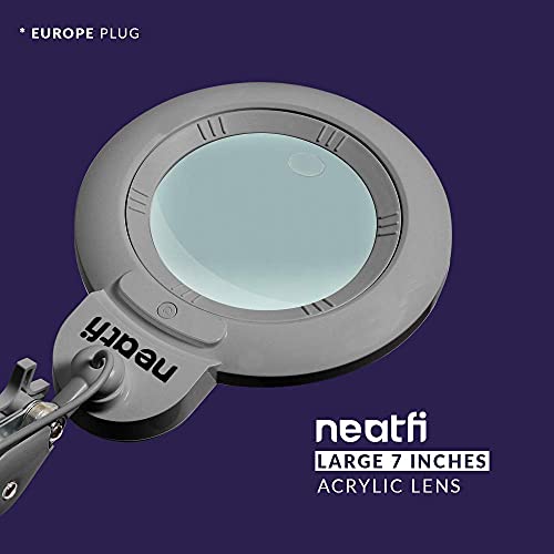 Image of Neatfi XL Bifocals 1,600 Lumens Super LED Magnifier Lamp with Clamp, Europe Plug, Large 7 Inches Acrylic Lens, 5 Diopter with 20 Diopter, Hands Free, Dimmable,16W, 84 PCS SMD LED (Silver)