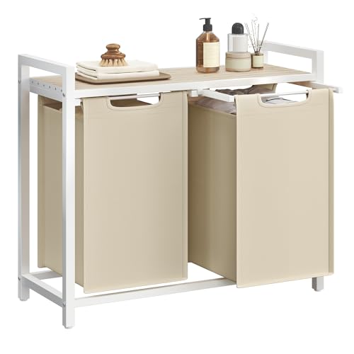 Image of VASAGLE Laundry Hamper, Laundry Basket Sorter with 2 Pull-Out and Removable Bags, Shelf, Metal Frame, 2 x 12.1 Gallons (46 L), 28.8 x 13 x 28.4 Inches, Cappuccino Beige and Natural Beige UBLH201LH01