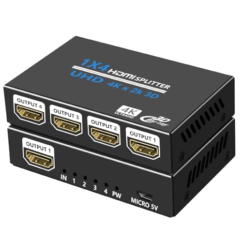 HDMI 分配器 1 入力 4 出力 4K UHD HDMIスプリッターオーディオビデオディストリビューターボックス 3D 4K x 2K HDTV、STB、DVD、PS3、プロジェクターなど対応-取扱説明書が付属
