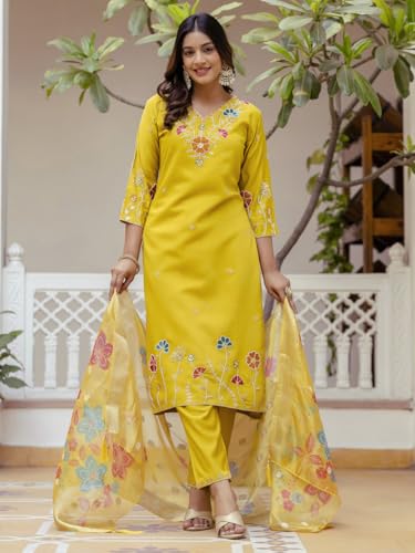 Image of VredeVogel Women's Beads Embroidered Silk Blend Kurta Pant Set with Organza Dupatta | Perfect for Festive & Casual Ethnic Kurta Set for Women