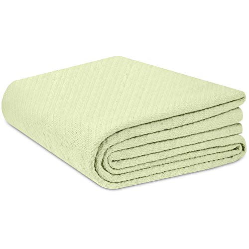 COTTON CRAFT Soft Cotton Thermal Blanket - Plush Herringbone Twill - All Season Luxurious Breathable Skin Friendly Lightweight Cooling Throw Blanket - Sofa Couch Travel Camping Dorm - Full Queen Sage