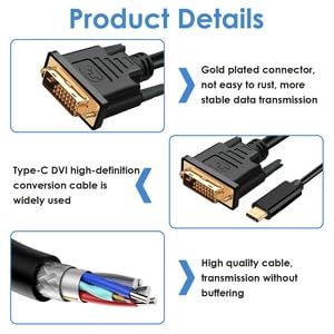 Cavo USB C a DVI 1,8 m, 4K Cavo USB Tipo C [Thunderbolt 3/4] a DVI compatibile 1080p, 60 Hz. Connettore placcato, compatibile con MacBook Pro/MacBook USB-C, iMac, Surface Book 2 e Pixelbook