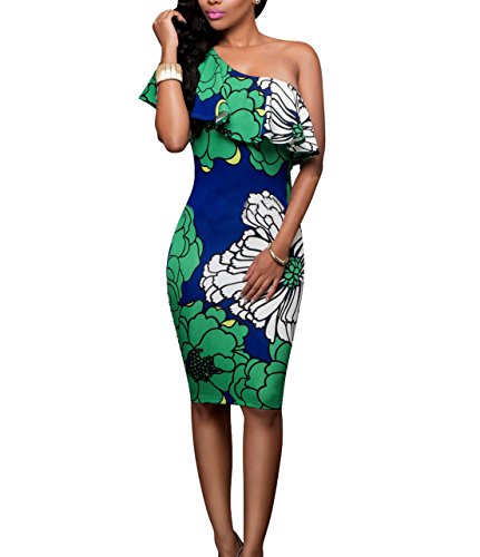 PRETTYGARDEN Women's One Off Shoulder Floral Printed Ruffle Chest Bodycon Midi Dress (Large, Style 1)