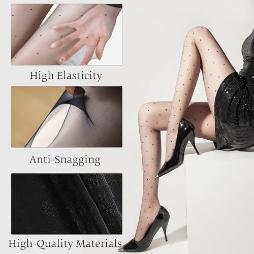 Image of Polka Dot Patterned Black Tights for Women,Women's 15D Sheer Pantyhose,High Waist Ultra Stretchable Footed Tights,Plus Size Stockings
