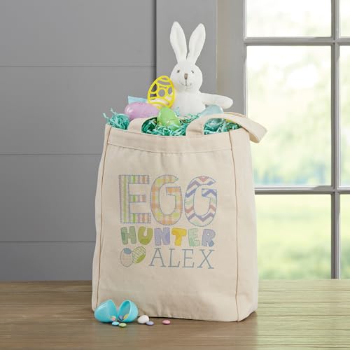 Personalization Universe Egg Hunter Easter Personalized Canvas Tote Bag with Handles, For Easter Eggs and Gifts, Available in Pink and Blue Design, Custom Easter Basket Alternative - Small 14