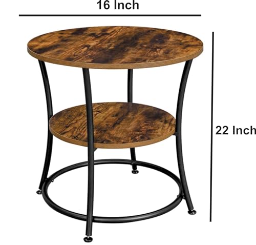 Image of Round end Table with 2 Shelves for The Living Room and Bedroom, Metal-Framed nightstand for Compact Spaces, and Outside Accent Coffee Table-Black Brown