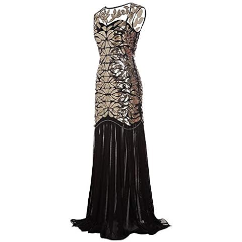 HXZH Great Gatsby 1920's Cocktail Party Sequin Tassel Flapper Dress 20s Lace Fringed Sequin Dress Fancy Dress Gatsby Costume Dress Vintage Beaded Evening Dress Gold Cover