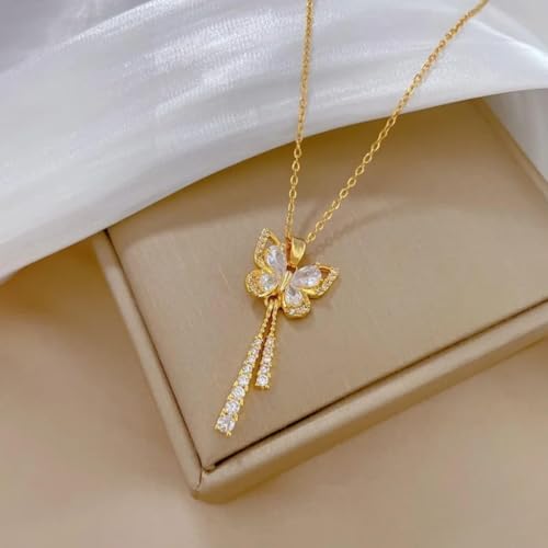 Colar Feminino Metamorfosis Banhado a Ouro 18k com Pingente de Borboleta em Aço Inoxidável e Zircôni