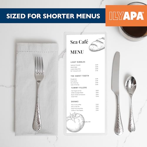 Image of Ilyapa Restaurant Menu Covers 4.25 x 11 Inch - 30 Pack, Single Page, 2 View Clear Sleeves Holder for Restaurant, Durable PVC Hard Plastic Menu Holder | Durable PVC Plastic Sheet Protector, For Restaurant Menu Display, Double-Stitched Edges