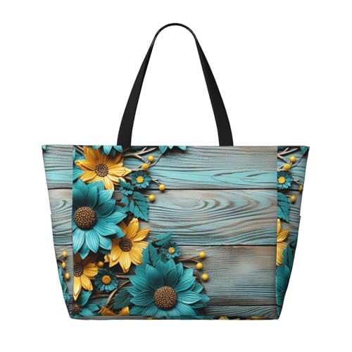 Sunflower Teal Beach Bag Vintage Wooden Board Pool Bag for Women Waterproof Large Travel Tote with Zipper Organizer for Swimming Vacation Essentials2