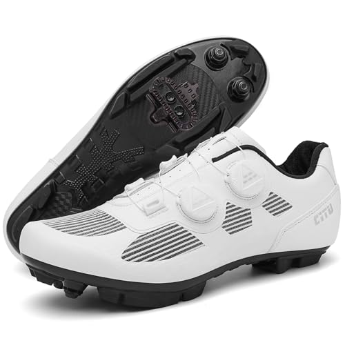 PENXZT Zapatillas de Ciclismo para Hombre, Zapatos Bicicleta de Montaña Compatible con SPD Pedales 2 Tornillos con Calas Unisex Adulto Zapatillas MTB,Blanca,38 EU