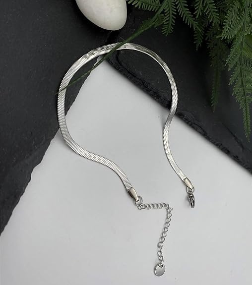 Anti-Tarnish Stainless Steel Adjustable Silver Snake Chain Anklet for Women & Girls (1 Pair) | Sleek Flat Painjan Payal | Stylish Everyday Footwear Accessory Gift 3