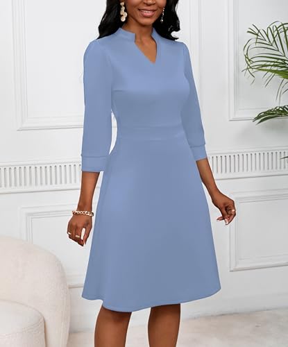 Image of PerZeal Women's Casual Flowy A-Line Midi Dress Flared V-Neck Colorblock Print for Wedding Guest 3 /4 Sleeve Dress with Belt