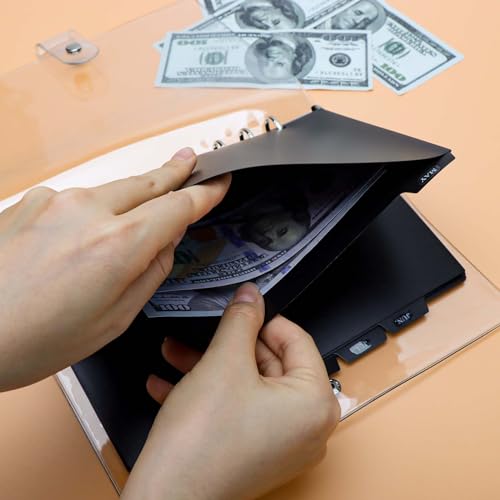 XiowDow Envelopes para fichário A5 pretos de PP com Zipless, 14 divisórias com abas, pastas de inser