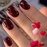 Modelones Press on Nails, Dark Red Short Square Fake Nails, Valentines Reusable Nail Kit with Nail Glue Adhesive Tabs Mini Nail File, Nails Press Ons 32Pcs16 Sizes, Women Girl Gift