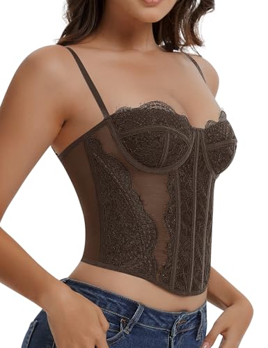 Image of Lace Corset Tops for Women Sexy Going Out Bustier Top Sleeveless Adjustable Straps Crop Tops with Back Hooks