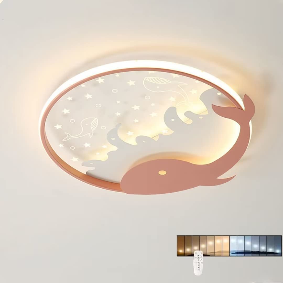 DUNMW Hollow Dolphin LED Ceiling Light Children's Room Ceiling Lamp Chandelier for Boys & Girls Bedroom, Children's Room, Stepless Dimming, 15.9'', 28W