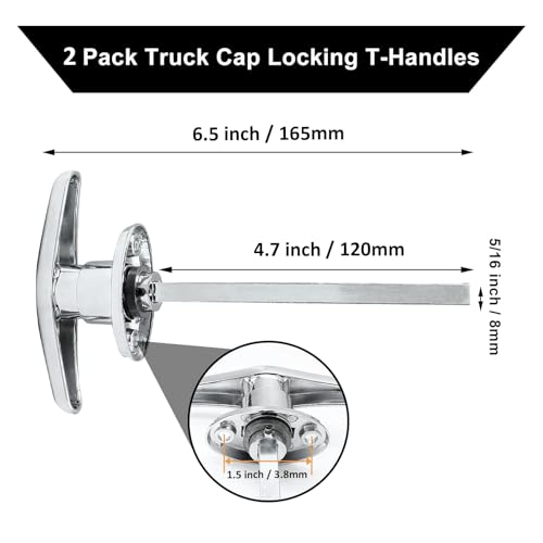 Image of 2 Pack T-Handle Truck Cap Lock, Silver Zinc Alloy Keyed Alike | Zinc Alloy Plated Anti-Rust, 5 /16 Inch Shaft 120mm Long, 90 Degree Turn, Fits Pickup Back Side Door, 1.5 Inch Hole Spacing