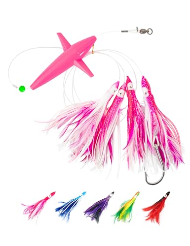 BLUEWING Tuna Feather Daisy Chain Fishing Teaser Lure with 4in Feathered Trolling Squids and Stainless Steel Hook Big Game for Tuna Mahi Wahoo Marlin, Pink