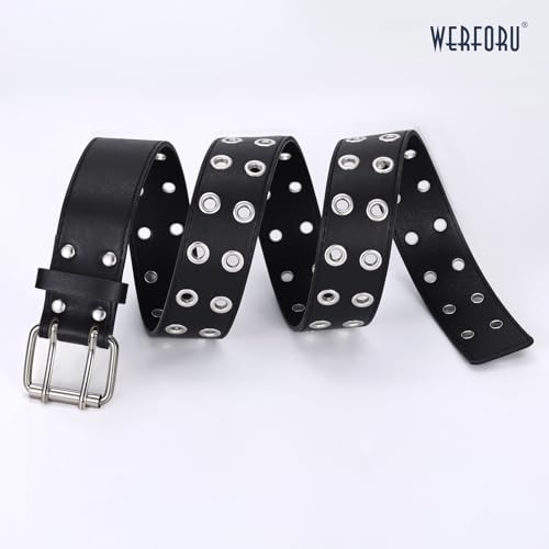 WERFORU Double Grommet Belt PU Leather Punk Belt for Women Men Jeans 2 Hole Belts 1.5 Wide
