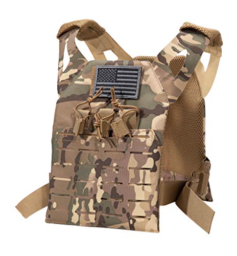 Childrens Tactical Airsoft Paintball Kids Vest, Free Us Flag Patch, Mil Spec Pals Laser Cut Molle Modular W/Mag Pouches (Multi-Cam) #TOP1