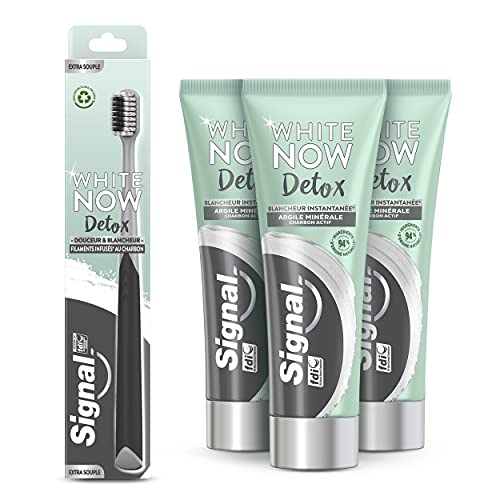 Signal White Now Detox Kit de 3 Dentifrices Blancheur instantannée et 1 Brosse à dents Extra Souple Douceur & Blancheur, Charbon, Blanchissant dents (3 Dentifrices + 1 Brosse à dents)