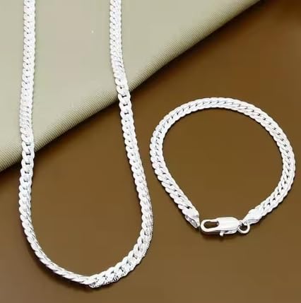 Generic 2 Piece 6MM Full Sideways 925 Sterling Silver Necklace Bracelet Fashion Jewelry For Women Men Link Chain Sets, White3