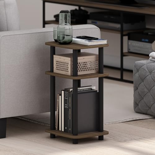Image of Furinno JUST 3-Tier Telephone Table, Turn-N-Tube Toolless Side Table with Open Shelf, Round Curve Corner Night Stand, Bedside Table, for Living Room, Bedroom, Columbia Walnut