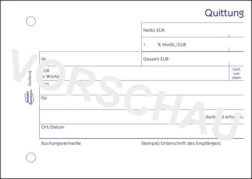 AVERY Zweckform 1250 Quittungsblock (A6 quer, 100 Blatt, fälschungssicher, separat ausgewiesene MwSt., mit 1 Blatt Blaupapier, für Deutschland und Österreich) weiß
