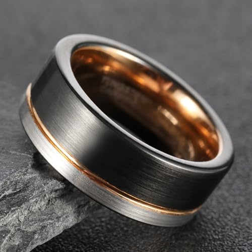Bague mariage homme carbure de tungstène 8mm tricolore noir et or rose, haute résistance anti-rayures - 4