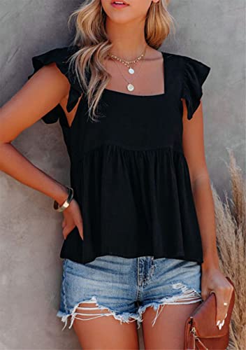 WIWIQS Women's Ruffle Sleeve Crew Neck Vest Tops Summer Elastic Square Neck Blouses2
