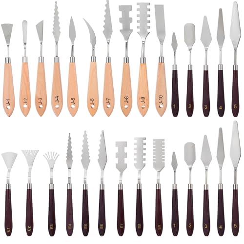 HANLANXUE 29 Piece Palette Knife Set, Numbered Paint Spatula Stainless Steel with Wooden Handle for Acrylic and Oil Painting Textured Art Supplies Canvas