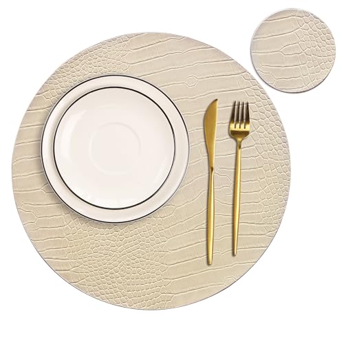 Jovono Round Leather Placemats for Round Tables Set of 8, Beige Place Mats and Coasters, Wipeable Waterproof Heat Resistant Table Mats Easy to Care for Indoor Decor 14 inch Diameter