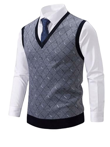GORGLITTER Men's Argyle Sweater Vest Sleeveless V Neck Knit Vest Top Business Tank Top Office Knitted Sweater