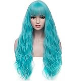 BERON 27 Inches Light Blue Wig Long Curly Blue Wig with Bangs Sky Blue Wig for Women Fluffy Wavy Heat Resistant Synthetic Wig (Light Blue)