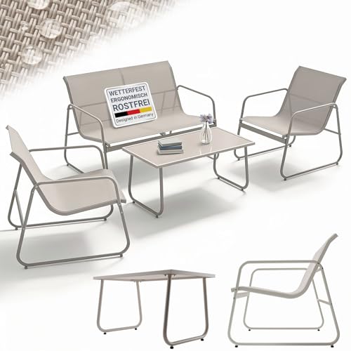 Juskys Salon de Jardin Genua 4 pièces – Sable, Ensemble Outdoor avec canapé Deux Places, Textile, Table et Banc, Structure Acier